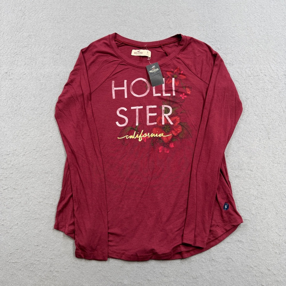 NEW Hollister T-Shirt Women's Small Burgundy Floral Long Sleeve Loose Loungewear